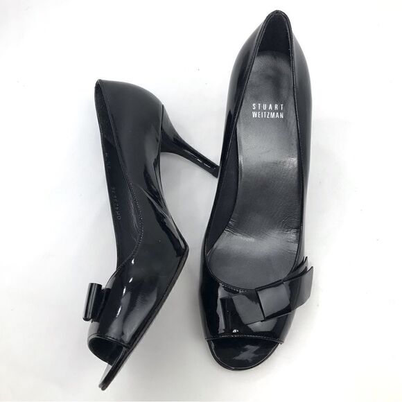 Stuart Weitzman Black Patent Leather Open Toe Classic Heels - Picture 3 of 13